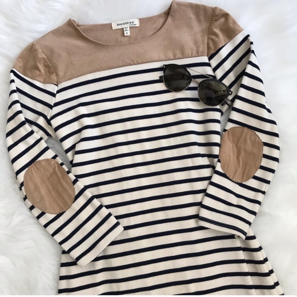 Monteau Dress Navy/White Striped w/ Suede Shoulder